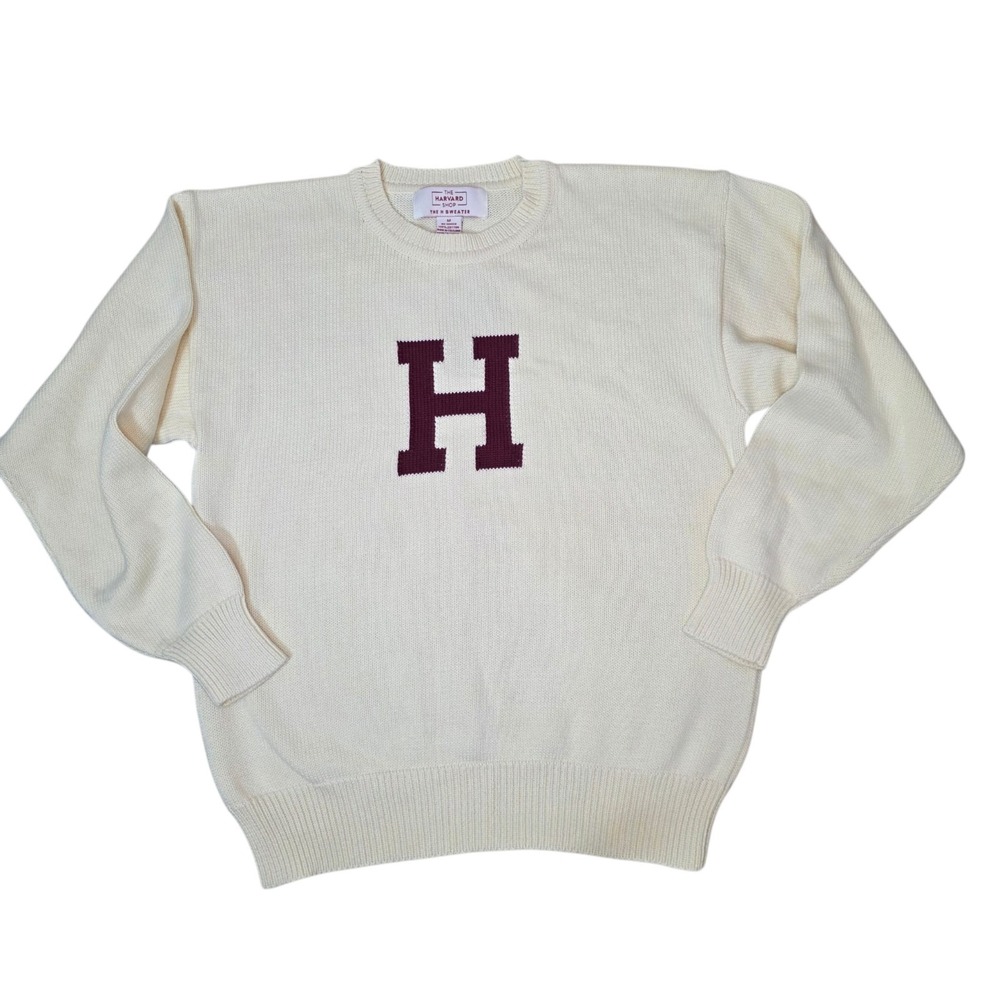 Harvard Shop Womens M Cream Varsity H Logo Cotton Crewneck Knit Sweater NWT